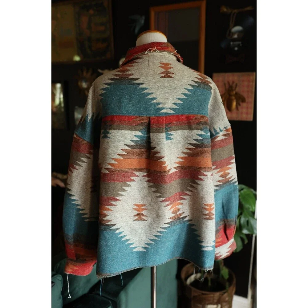 Boho Aztec Tribal Southwestern Print Shacket Yellowstone Shirt Jacket Coat L - Picture 8 of 12